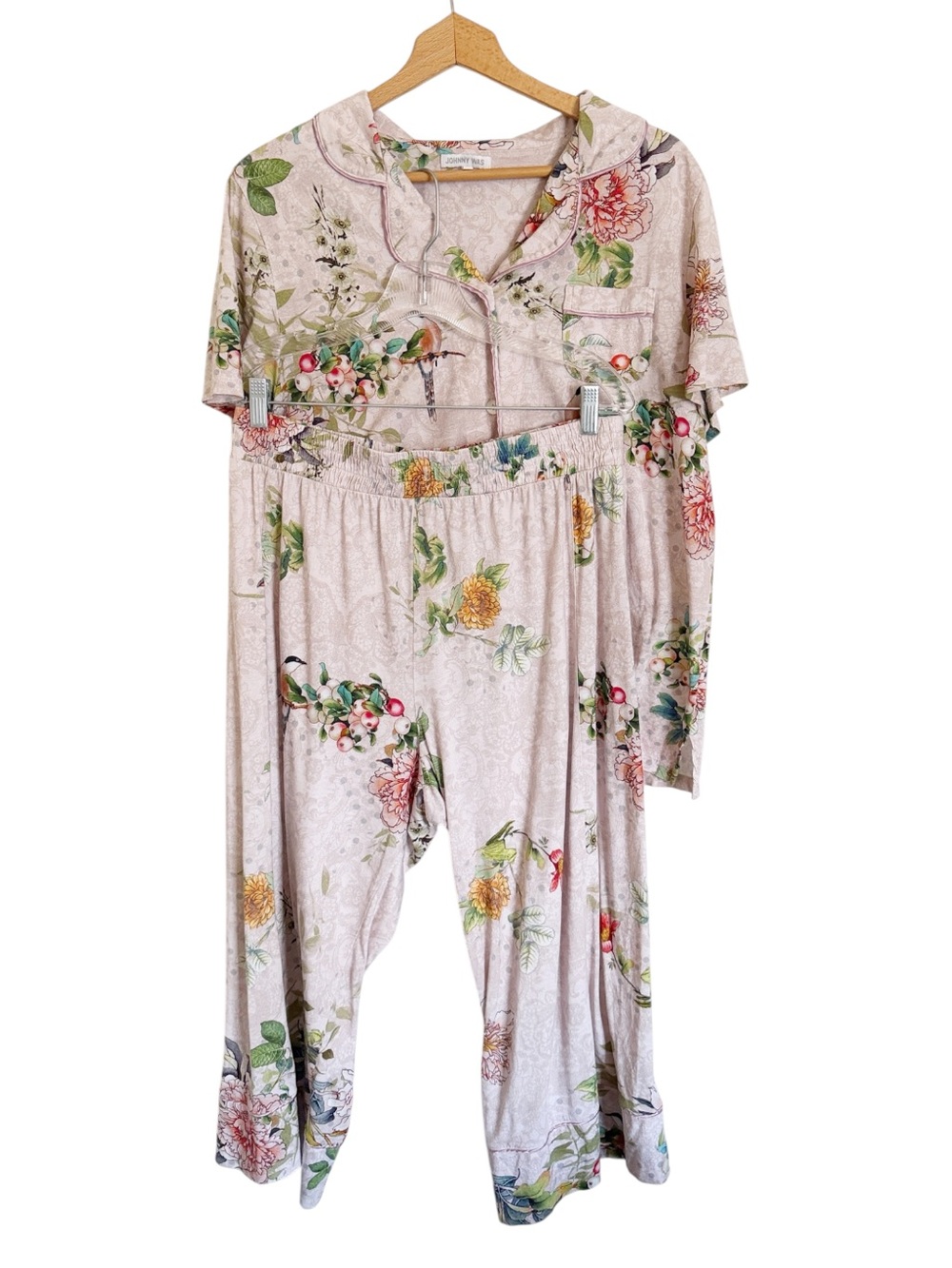 Johnny Was Emma Floral Bird Pink Gray Pajama Set size L